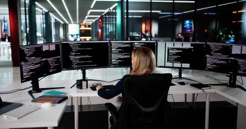 Stressed Female Programmer Struggles To Code Software 写真素材