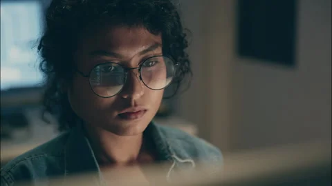 Stressed Female Programmer Working Late at Night. Stock-Footage 307586863