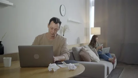 Stressed freelancer creating ideas for project. Adult male lacking inspiration Stock Footage 139593788