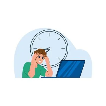Stressed freelancer touching head while working with laptop near clock イラスト素材