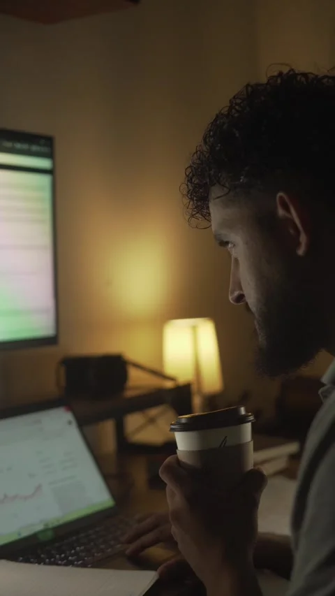 Stressed freelancer working late at night on a computer drinking coffee Video stock 327308074