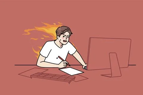 Stressed guy sit at desk work on computer try meet burning deadline. Distressed イラスト素材