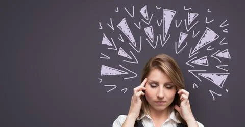 Stressed headache woman with sharp triangle doodles on purple background Stock Photos