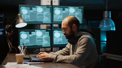 Stressed IT coder hacking security system on computer Foto stock