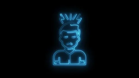 Stressed man with headache neon icon animation on dark background Stock Footage 308606491