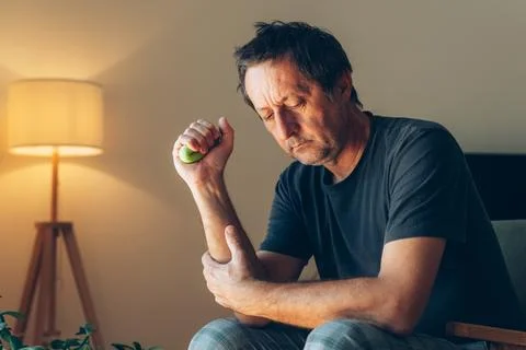 Stressed man at home squeezing a donut shaped stress ball to his forehead, .. Fotos Stock