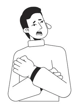 Stressed man hugging himself and crying flat line black white vector character Illustrazione stock