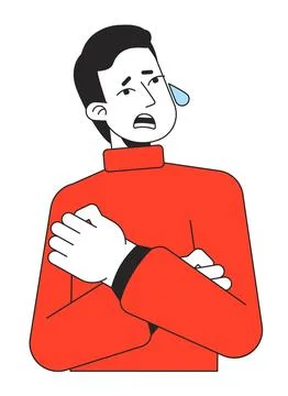 Stressed man hugging himself and crying flat line color vector character Illustrazione stock