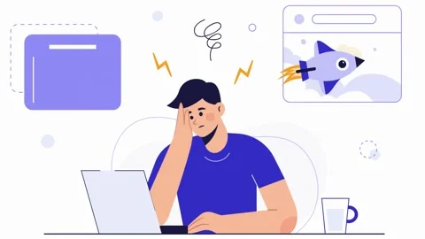 Stressed man at laptop with rocket and browser window illustration Stock Footage 320102964
