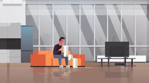 Stressed man with long tax document debtor shocked by payment bills financial Stockillustratie