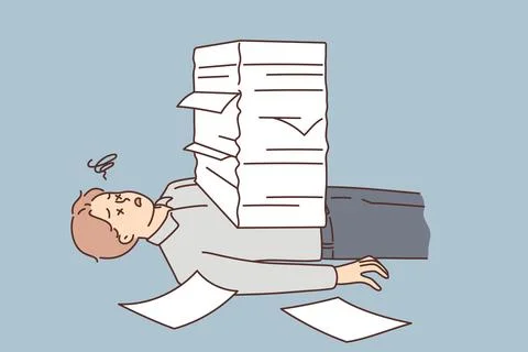 Stressed man lying under paperwork pile Stock Illustration