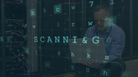 Stressed man meditating in computer server room with moving data security Video stock 112902576