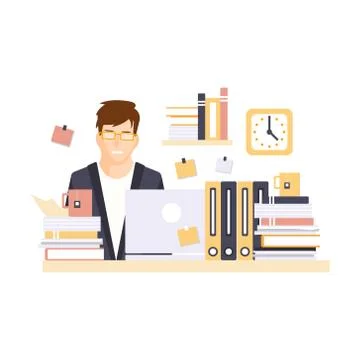 Stressed Man Office Worker Overloaded With Work In Office Cubicle Having His 스톡 일러스트
