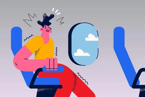 Stressed man in plane feel scared of flying Stock Illustration