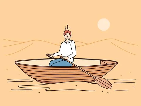 Stressed man rowing in desert Stock Illustration