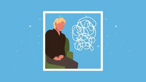 Stressed man sitting on chair with tangled mental thoughts animation. Video stock 338984063