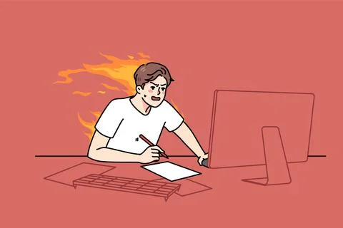 Stressed man work on computer with burning deadline Stockillustratie