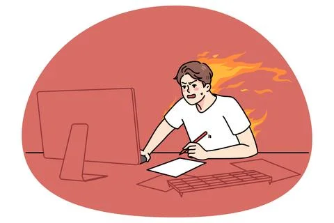Stressed man work on computer with burning deadline Stock Illustration