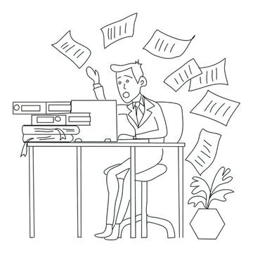 Stressed man working at desk with papers flying around Illustrazione stock