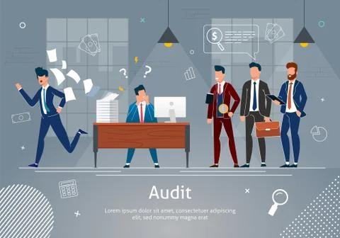 Stressed Man at Workplace Checked by Auditors. Stock Illustration