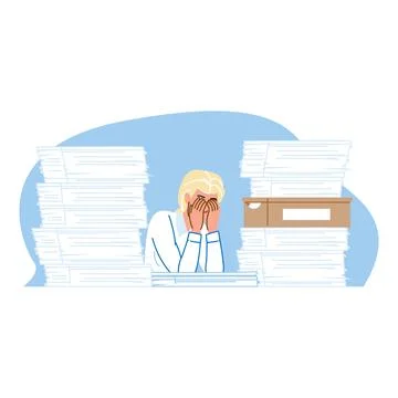 Stressed office worker hiding face behind hands at desk with piles of paperwo Stock Illustration