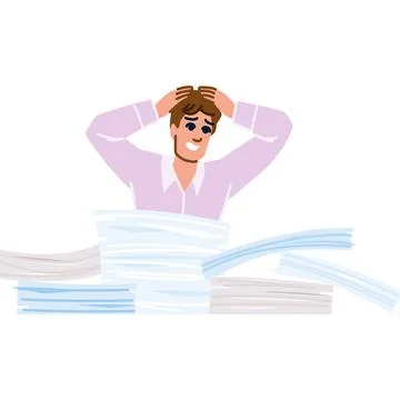 Stressed office worker holding head under pile of paperwork Stock Illustration