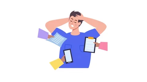 Stressed office worker overwhelmed by excessive tasks and digital deadlines.. Vídeo Stock 338365701