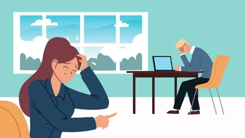 Stressed office worker pointing at tired colleague sitting at desk with lap.. Video stock 338423887