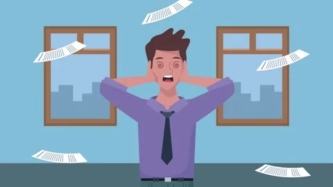 Stressed office worker suffering from burnout with papers flying around ins.. Stock Footage 339256617