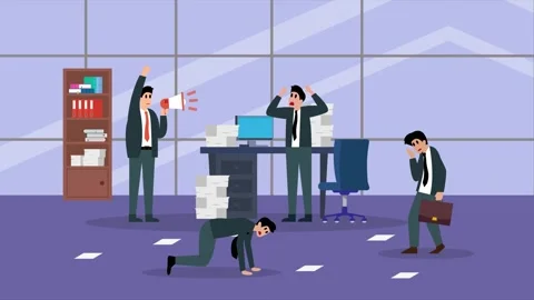 Stressed Office Workers and Angry Boss in Hard Working Environment cartoon .. Stock Footage 337954631