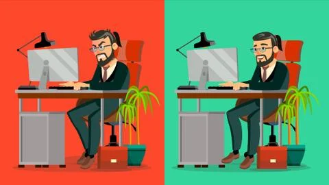 Stressed Out Boss Vector. Bearded CEO Working At Office. Stressful Work, Job Illustrazione stock
