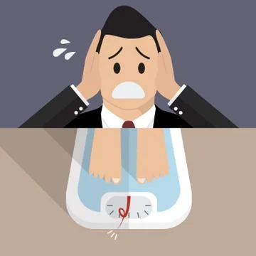 Stressed overweight man on weight scale Stock Illustration