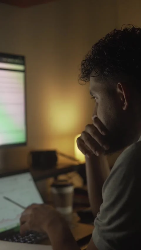 Stressed overworked man working late night on laptop Video stock 327307889