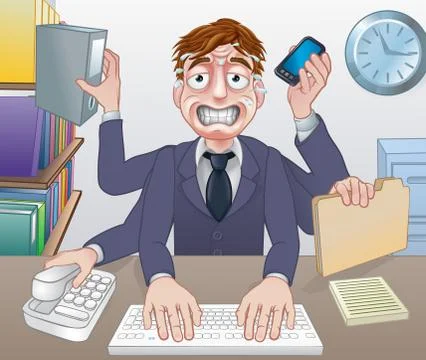 Stressed Overworked Multitasking Business Man 库存插图