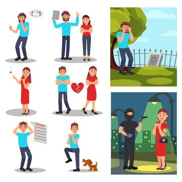 Stressed People Characters Having Different Fears and Phobia Big Vector Set イラスト素材