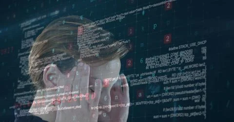 Stressed person surrounded by complex code, overwhelmed by programming 写真素材