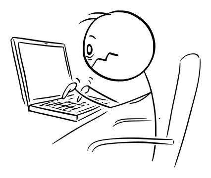 Stressed Person Working on Computer, Vector Cartoon Stick Figure Illustration Stock Illustration