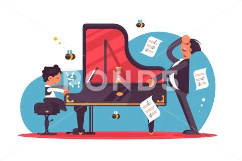 Stressed piano tutor teaching boy Stock Illustration