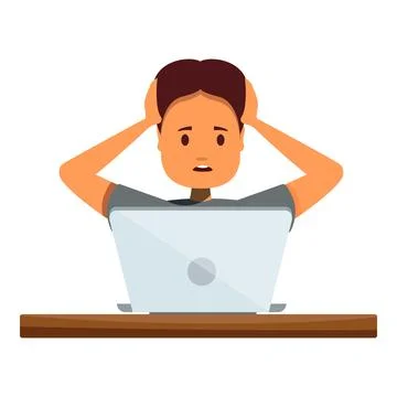 Stressed programmer is holding his head with hands while sitting at laptop, d Stock Illustration