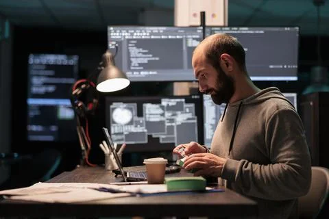 Stressed programmer taking vitamins pills from box, Stock Photos
