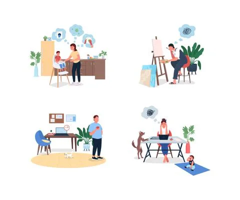 Stressed remote worker flat color vector faceless and detailed character set 스톡 일러스트