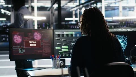 Stressed server hub admin worried by malfunctioning data analytics AI generator Stock Photos