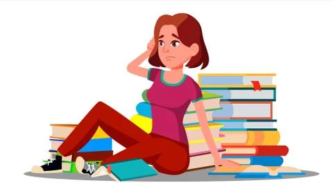 Stressed Student Sitting Surrounded By Stacks Of Books On Floor Vector. Isolated Illustrazione stock