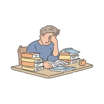 Stressed student sitting at table with pile of books and studying in hand drawn Illustrazione stock