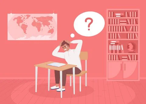 Stressed student at test flat color vector illustration Stock Illustration