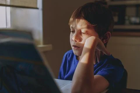 Stressed tired boy doing homework at home at the desk by the window. 스톡 사진