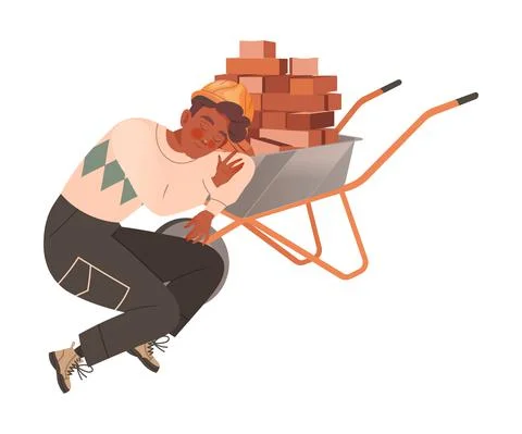 Stressed tired builder sleeping on pile of bricks. Professional burnout syndrome Stock Illustration