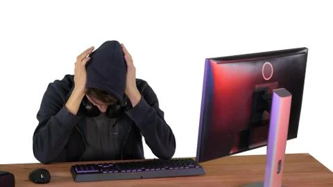 Stressed tired out of work, Development Programmer on white back 스톡 사진