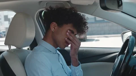 Stressed upset african guy feeling headache tired of Video stock 154039925