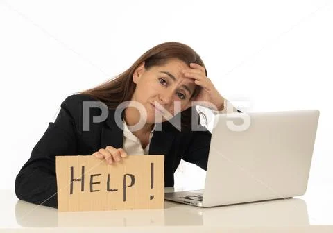 Stressed woman with laptop and sing help Stock Photos